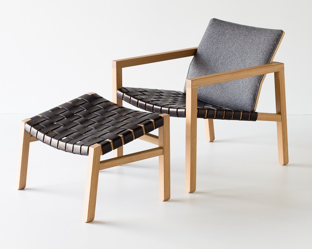 Modern Lounge Chair And Ottoman With Wood Frame Woven Leather