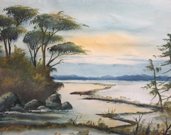 Gouache painting vintage seascape landscape signed