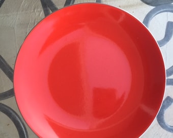 Cathrineholm Plates Red Enamel and Stainless Steel (6) on the backside, Logo, Cathrineholm, Stainless Steel made Norway