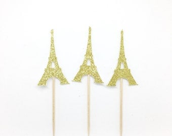 FAST SHIP! Set of 12 glitter Eiffel tower cupcake toppers! Bridal shower, birthday party, Parisian theme party.