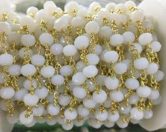 1Meter Wholesale 4*6mm Oyster White Beads Brass Chain ,Gold Plated Wire Wrapped Chain ,Rosary Chain