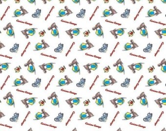 Curious George White playing ball all over 100% cotton 43" fabric by yard,d6