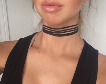 Strappy Black Leather Choker Necklace