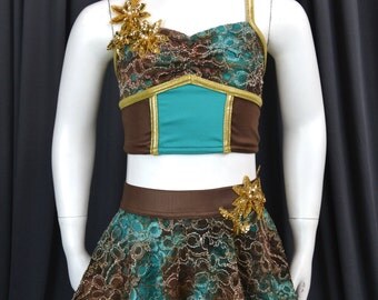 Girls Lyrical Two Piece Dance Costume Green/Brown/Gold with Crop Top and Skirt with Applique