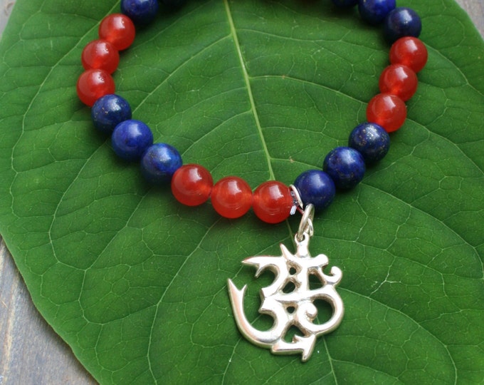 Ruby & Lapis Lazuli Bracelet With Ohm Pendant, Ohm Charm Bracelet, Red-Blue Bracelet, Blue Bracelet, Ohm, Om, Aum, Hindu Jewelry, Fatherday