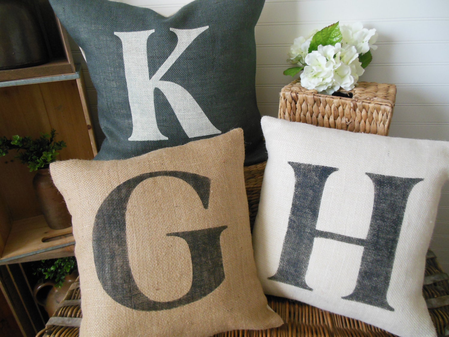 Personalized Farmhouse Rustic Pillow Cover. Initial Burlap