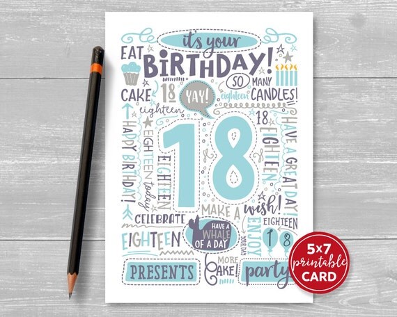Printable 18th Birthday Card Doodled Eighteen Birthday Card