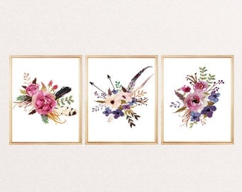 Print watercolor flowers SET OF 3 arrows feathers floral wall art print watercolor poster nursery decor home office decor flowers painting