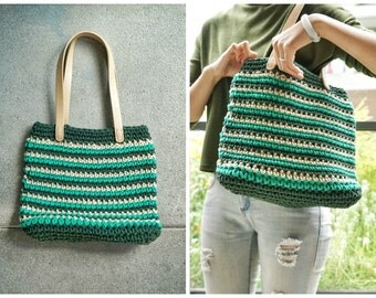 hand knitted green khaki strip tote bag | stripe cotton tote bag | green market bag | cotton yarn tote | khaki shopper bag | stripe bag