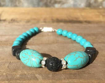 Dual-Tone Turquoise and Lava Stone Hip-Hop Bracelet(2pcs) main image 0