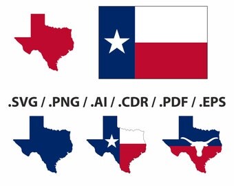Texas State Map, flag and symbols clipart collection. AI, eps, svg, png and pdf Files included, instant download, vector file, easy editing