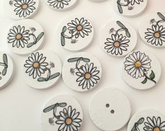 10, flower buttons, daisy buttons, wooden buttons, white buttons, craft buttons, 20mm buttons, round flower, decorative buttons, uk supplies