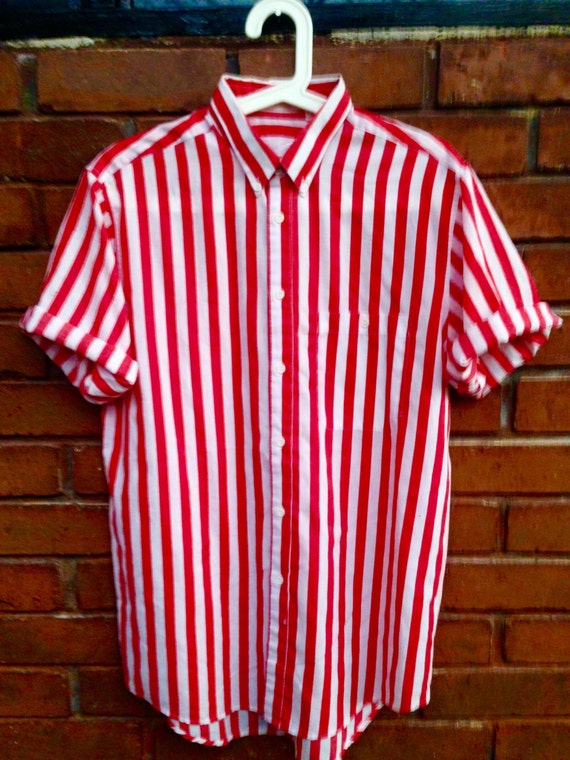 Vintage Red Candy Striped Mod Shirt Beach Boys Short Sleeve