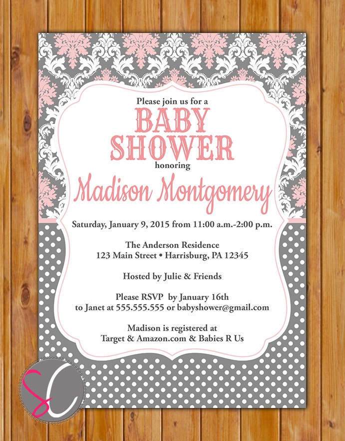 Baby Girl Shower Invitation Pink Grey Pretty Damask Invite