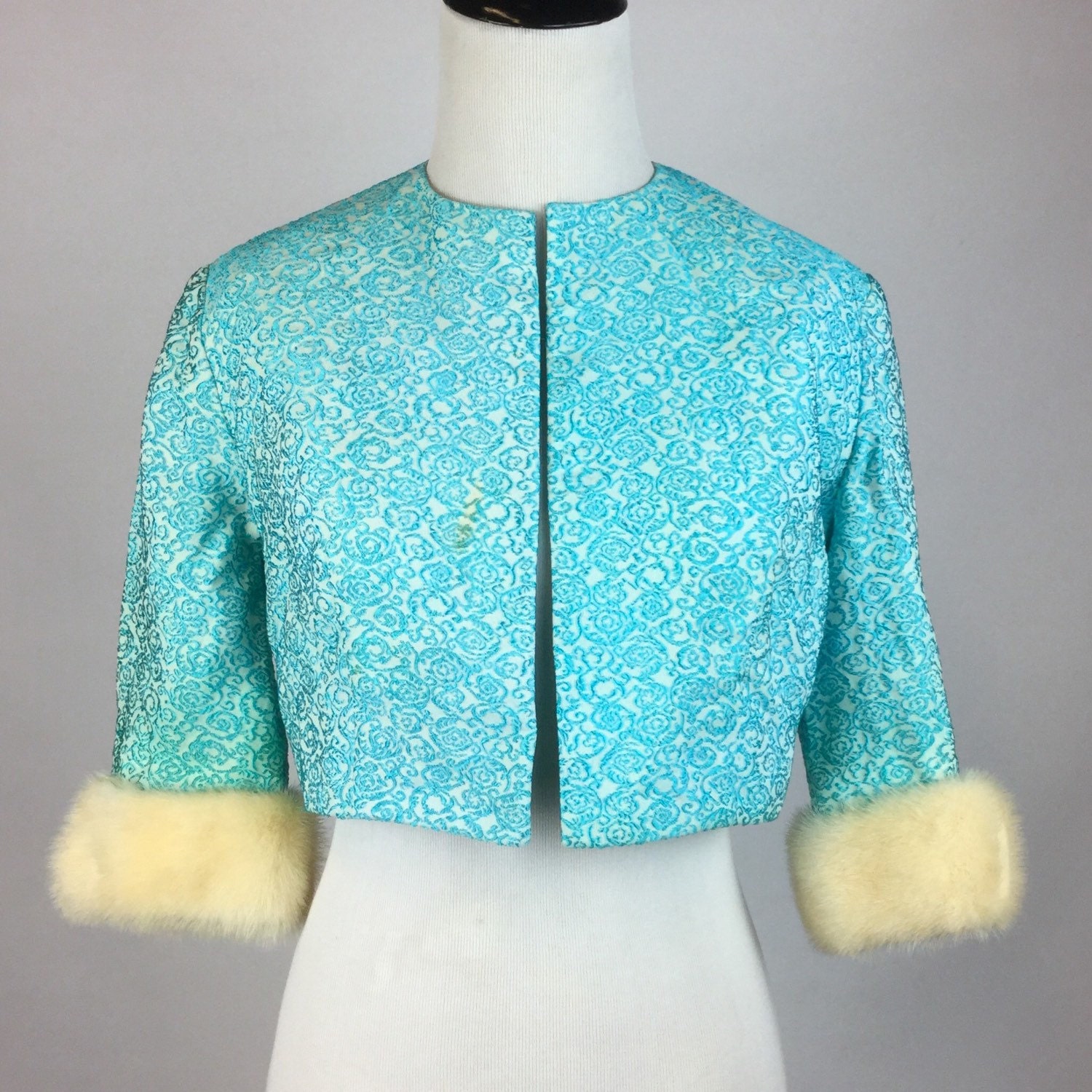 Vintage Aqua Blue Brocade Bolero Jacket Cropped Off-White Soft