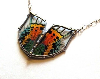 Large Real Sunset Moth Wing Necklace | Rainbow Butterfly Glass Pendant Necklace
