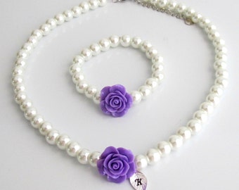 Personalized Flower Girl Necklace,Personalized flower girl jewelry set,Purple Rose Flower kids pearl necklace bracelet set,Free Shipping USA
