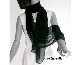 Long Black Scarf Silk Chiffon Wrap Sheer Narrow Shawl, See through Wrap, Evening Formal, Wavy Edge, Pure Mulberry Silk 17x84" M L, Artinsilk