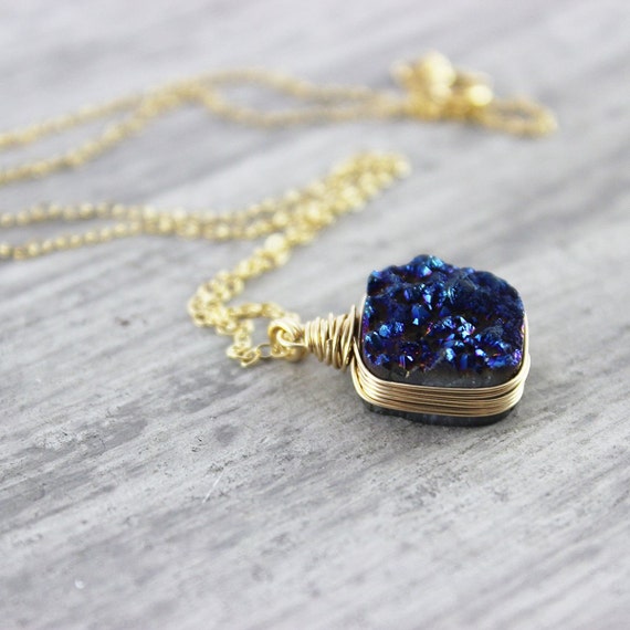 Dark Blue Necklace Druzy Quartz Necklace Drusy by starletta