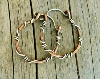 Sterling Silver wrapped copper hoops - copper and silver hoop earrings