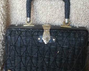 Vintage Classy Black Wicker Rattan Handbag Purse