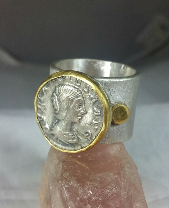 Statement Ring Ancient Roman coin ring silver and yellow