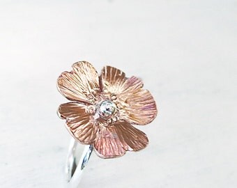 Poppy ring, Copper, Sterling Silver, hammered, Flower jewelry, Statement ring