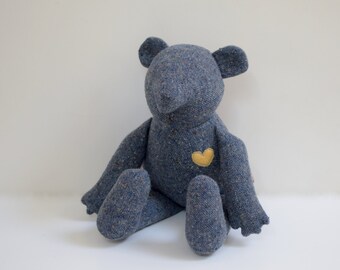Handmade stuffed Bear doll upcycled Heirloom blue Teddy Bear woven tweed vintage wool soft fabric doll Baby shower gift bubynoa Best Friend