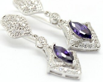 Amethyst Earrings,Eggplant Bridal Jewelry,Violet Purple,Cubic Zirconia White Gold Sterling 925,Wedding Victorian Earrings