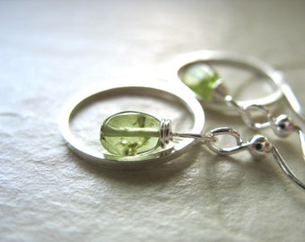 Peridot Earrings, Peridot Silver Hoop Earrings, Handmade Gemstone Dangle Drop Earrings, Metalwork Earrings