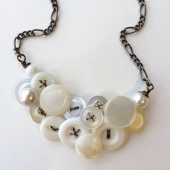 White on White Small Elegant Vintage Button Jewelry Necklace