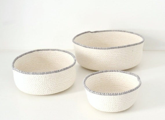 Scandinavian basket, Basket cotton, Rope bowl, Natural home decor, Mediterranean decor, Natural cotton rope, Set of bowls, White and grey