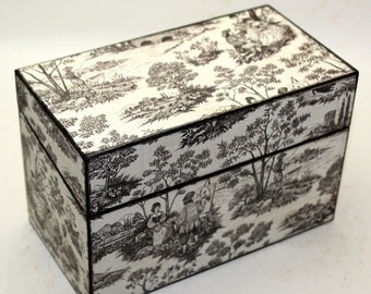 Wood Recipe Box Black and White Toille Shabby and Chic Fits 4x6 Cards