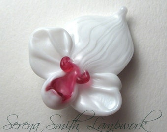 White LADY SLIPPER Orchid Flower Pendant Focal sculptural lampwork bead sjs sra