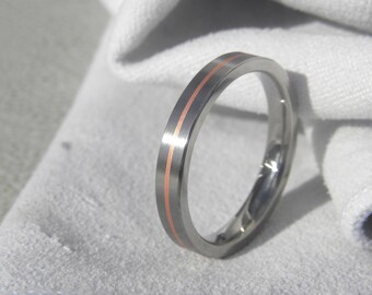 Titanium Ring, Wedding Band, Copper Pinstripe Inlay, Satin