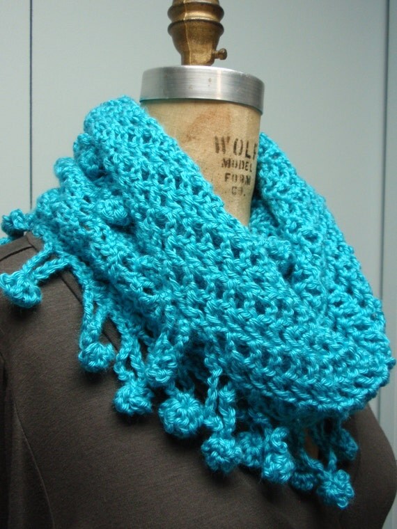 Crochet Infinity Scarf Fancy Bobble Edge Turquoise