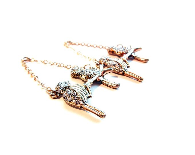 Pair of Gold-tone Birds on a Branch Drop Charms Rhinestone