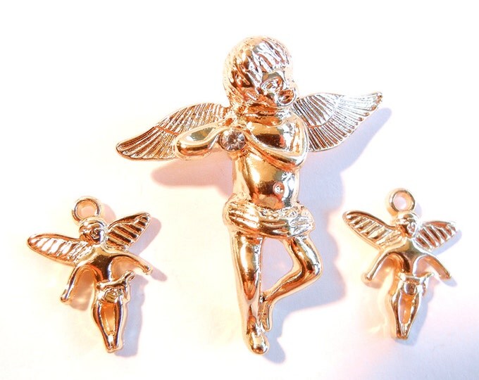 Set of Gold-tone Dimensional Cherub Angel Pendant and Charms