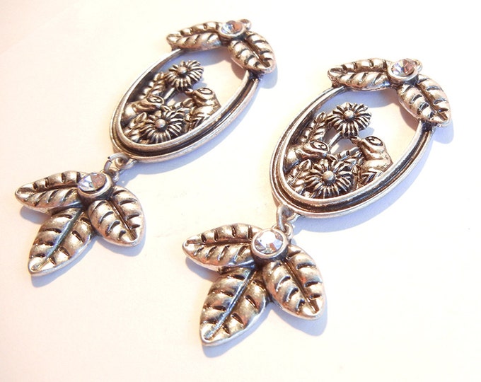 Pair of Antique Silver-tone Drops with Squirrels and Flowers