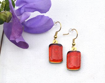 117 Fused glass dichroic earrings, orange,