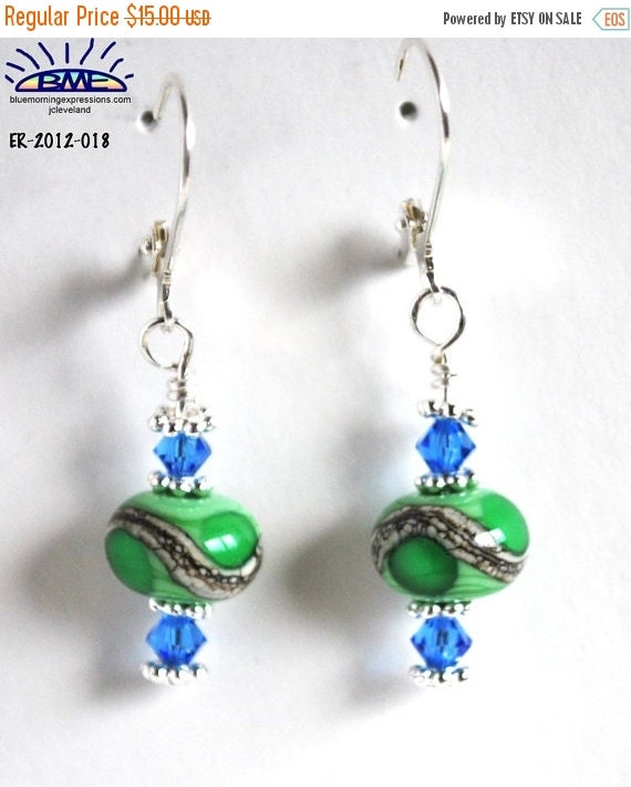 On Sale Green Earrings, Lampwork Bead Earrings,  Dangle Earrings, Handmade Beads