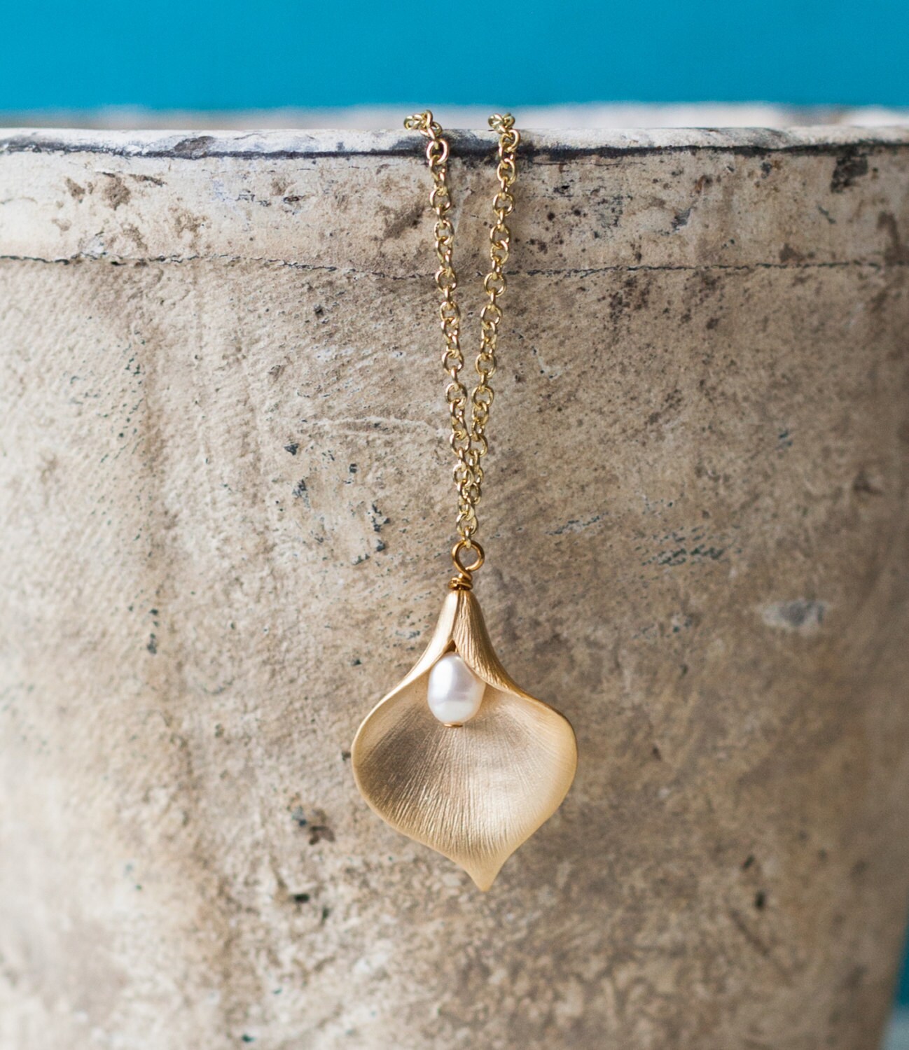 Calla Lily Necklace Gold Pendant Pearl Bridesmaid gift