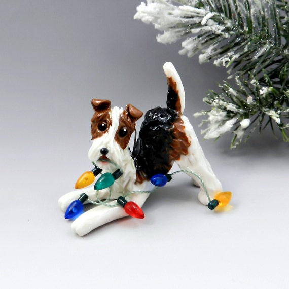 Wire Fox Terrier Christmas Ornament Figurine Lights Porcelain