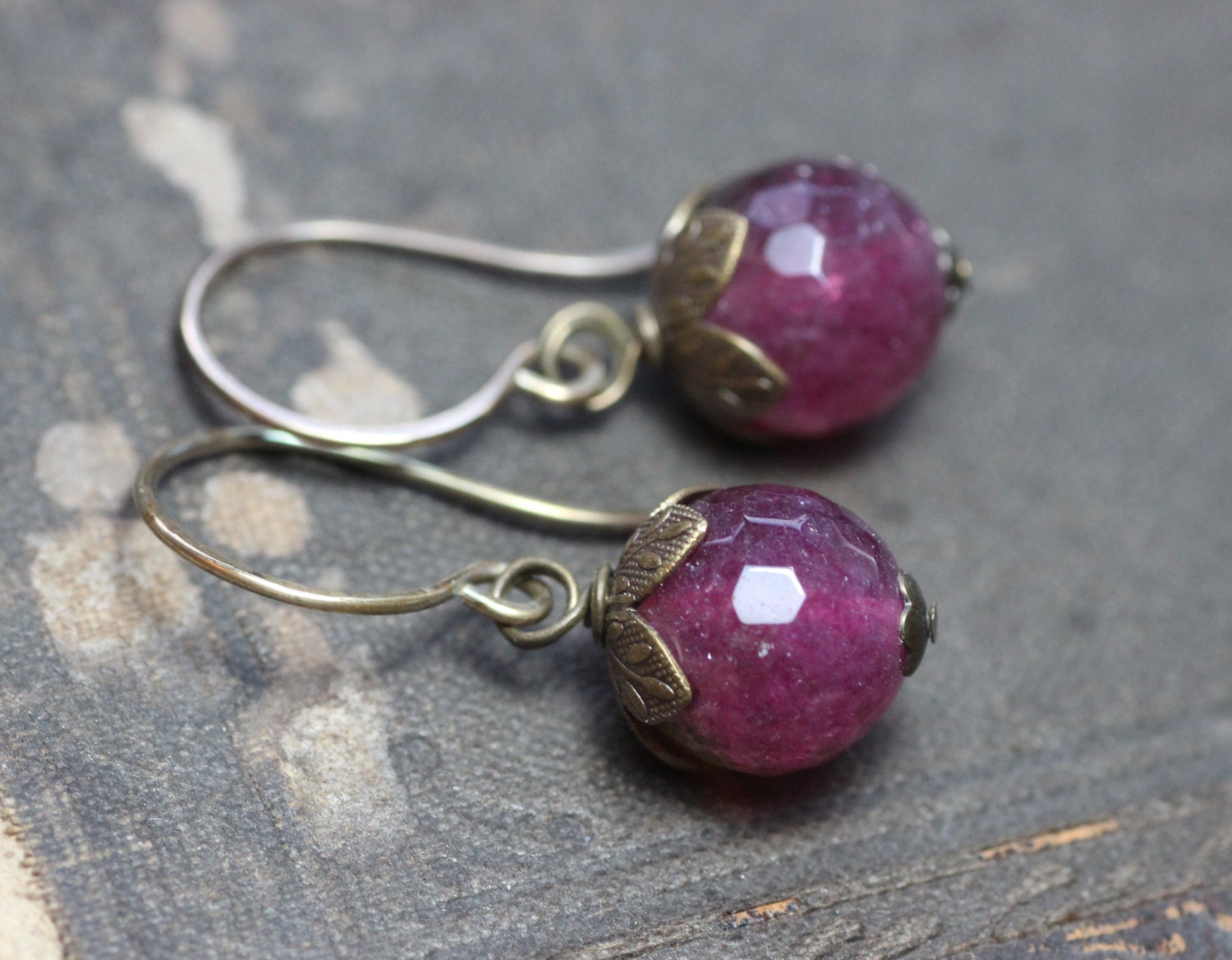 Raspberry Pink Quartz Earrings Brass Leaf Rustic Jewelry Pink