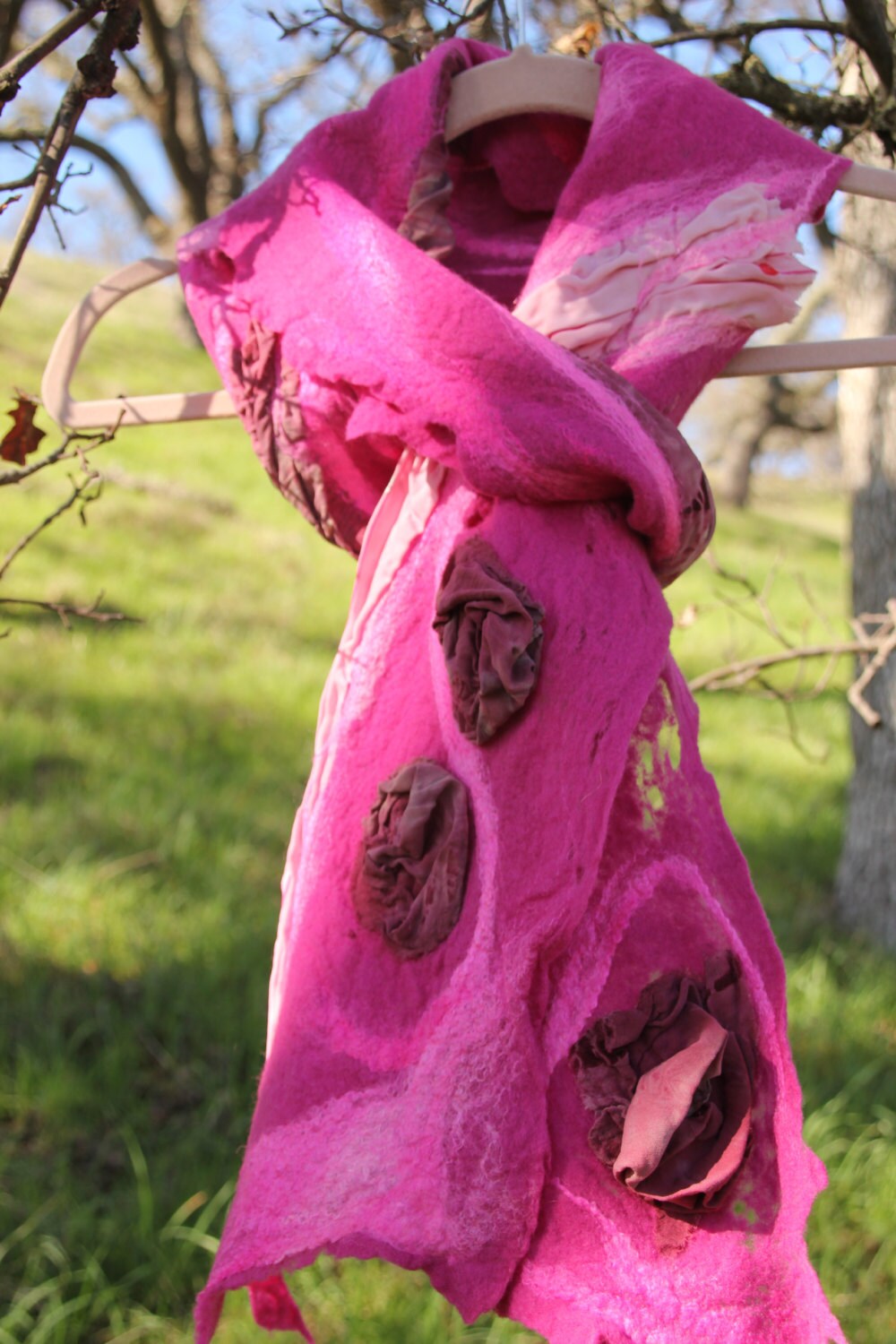Hot Pink Nuno Felted Merino Wool Collage Scarf with Silk
