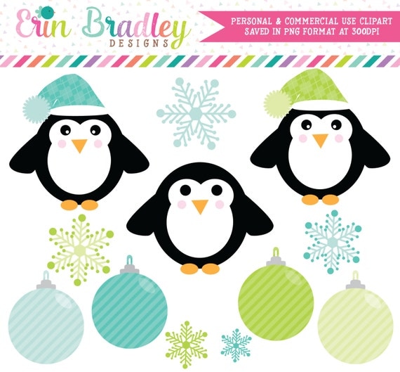 Holiday Clipart, Penguin Clip Art Graphics, Ornaments Clipart, Winter Snowflakes Clip Art in Green & Blue Il_570xn