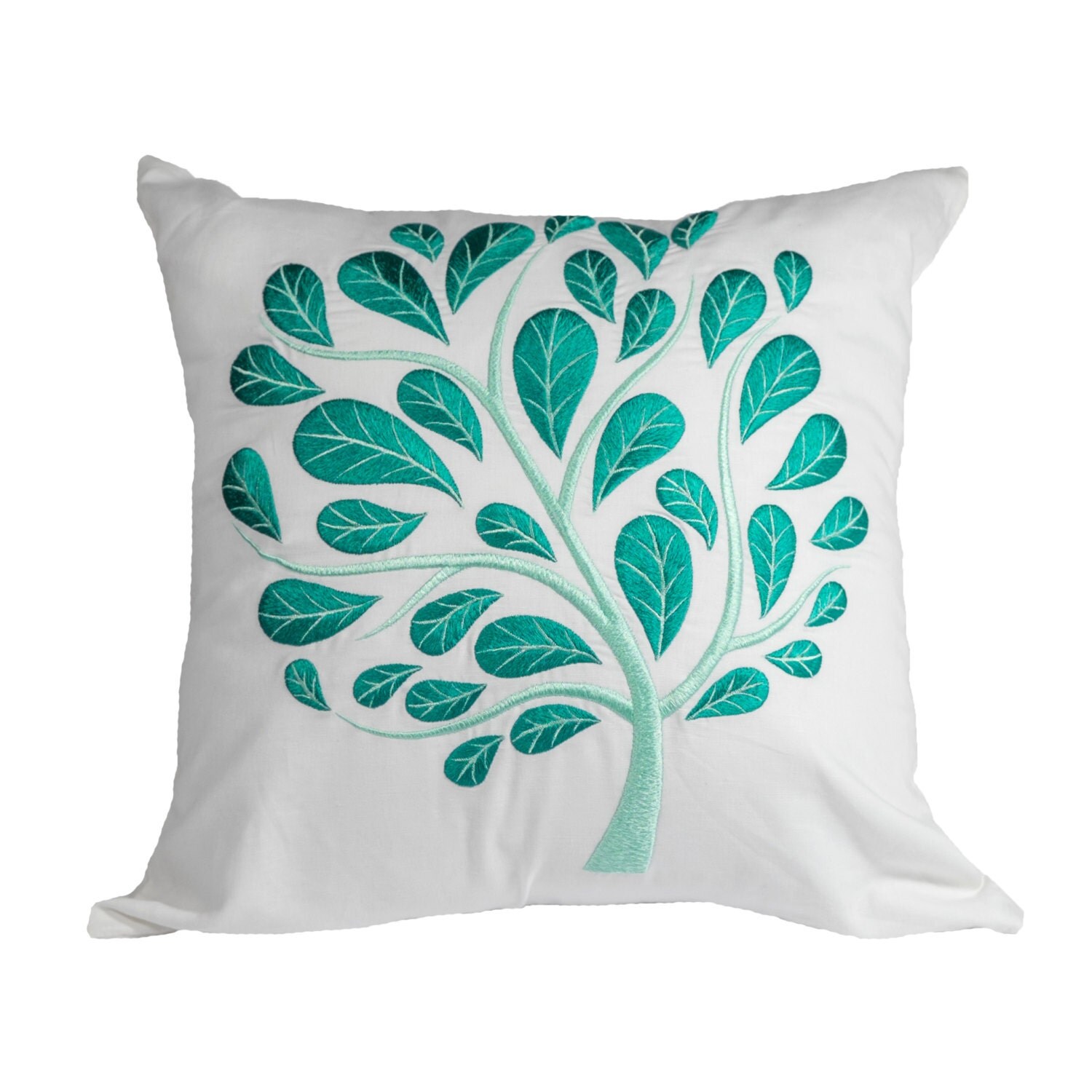 White Teal Floral Throw Pillow Cover White Linen Teal