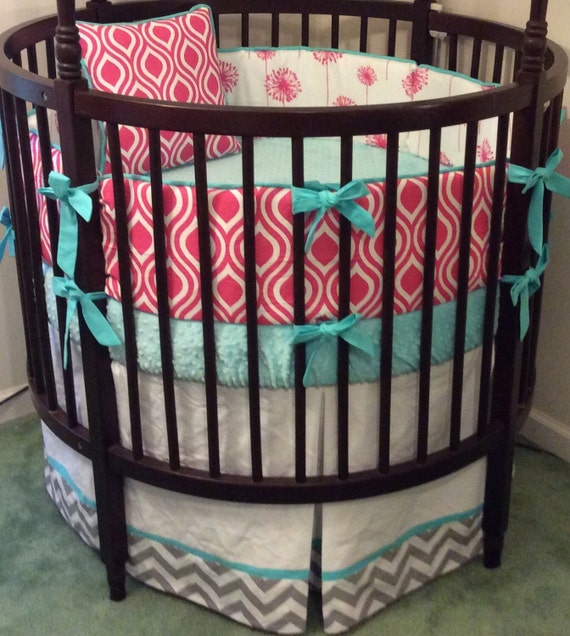 Round Crib Bedding Set in Gray Aqua and Pink