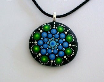 Bohemian jewelry-beach fashion-hippie gypsy tribal boho jewelry-mandala stones-painted rocks-Zen-3D neon glow-blue green-chakra-Yoga dot art
