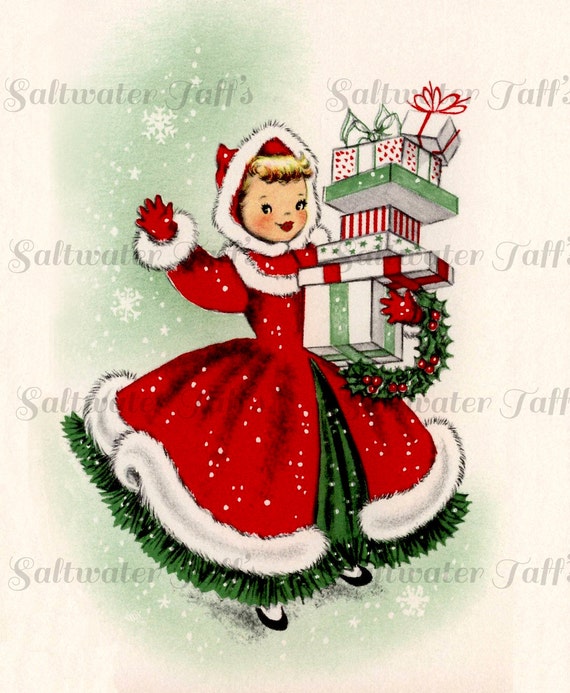 Cute Girl Carrying Christmas Gifts Image Digital Download
